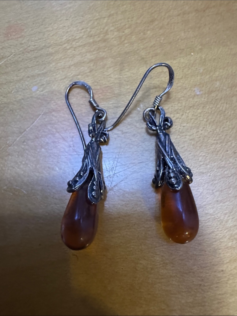 Amber Teardrop Dangle Earrings - Brown Amber with Silver Accents